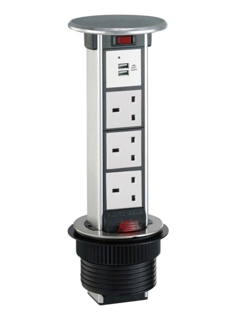 RACO Vertical Pop-Up Socket Box for Under Counter Use – 1 x 13A UK Socket + Dual USB Charger Ports, 2-Meter Wire with Overload Protection – Ideal for Home, Office, Kitchen & Worktops (3 x Socket)