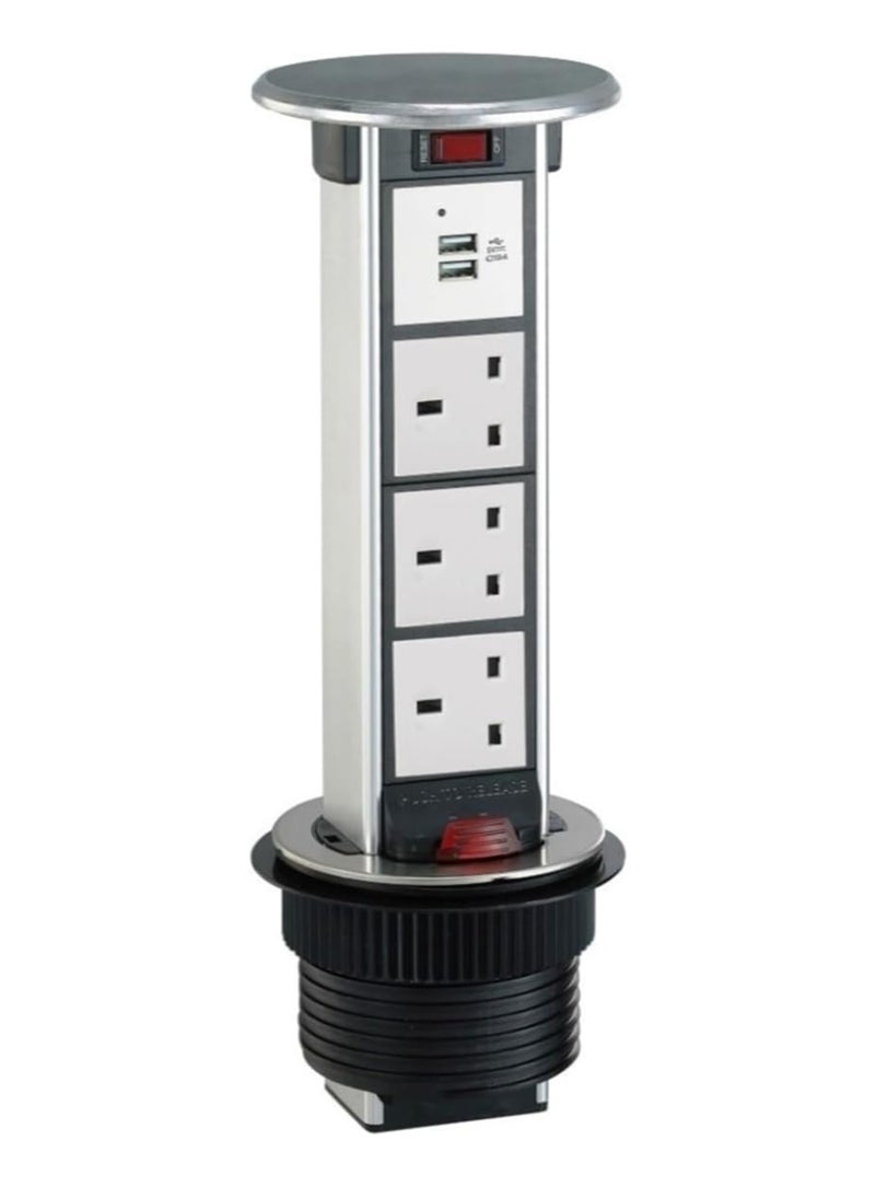 RACO - RACO Vertical Pop-Up Socket Box for Under Counter Use – 1 x 13A UK Socket + Dual USB Charger Ports, 2-Meter Wire with Overload Protection – Ideal for Home, Office, Kitchen & Worktops (3 x Socket) - Image 1