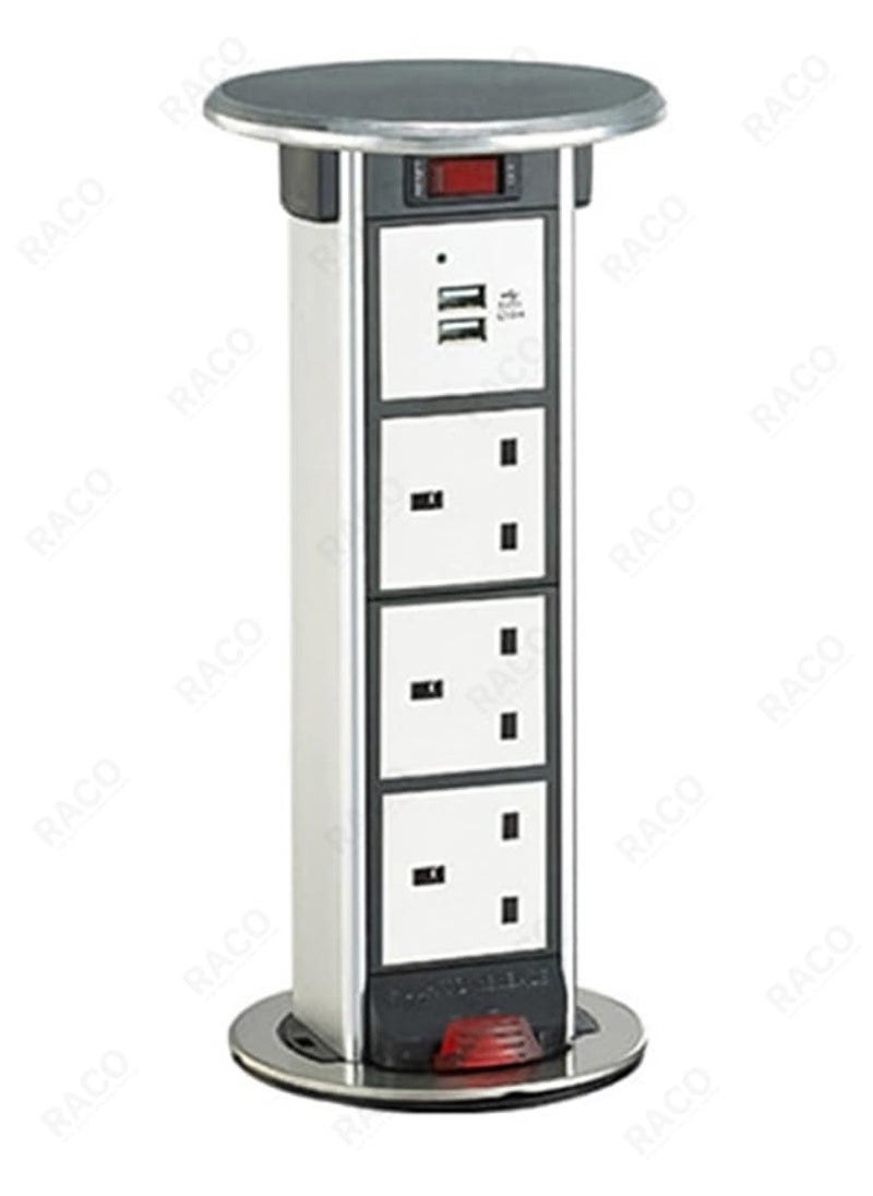 RACO - RACO Vertical Pop-Up Socket Box for Under Counter Use – 1 x 13A UK Socket + Dual USB Charger Ports, 2-Meter Wire with Overload Protection – Ideal for Home, Office, Kitchen & Worktops (3 x Socket) - Image 1