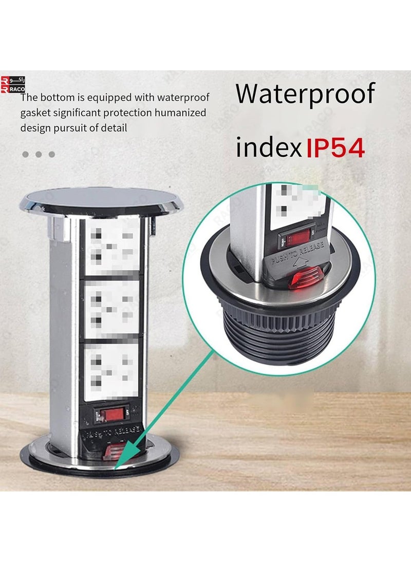 RACO - RACO Vertical Pop-Up Socket Box for Under Counter Use – 1 x 13A UK Socket + Dual USB Charger Ports, 2-Meter Wire with Overload Protection – Ideal for Home, Office, Kitchen & Worktops (3 x Socket) - Image 1