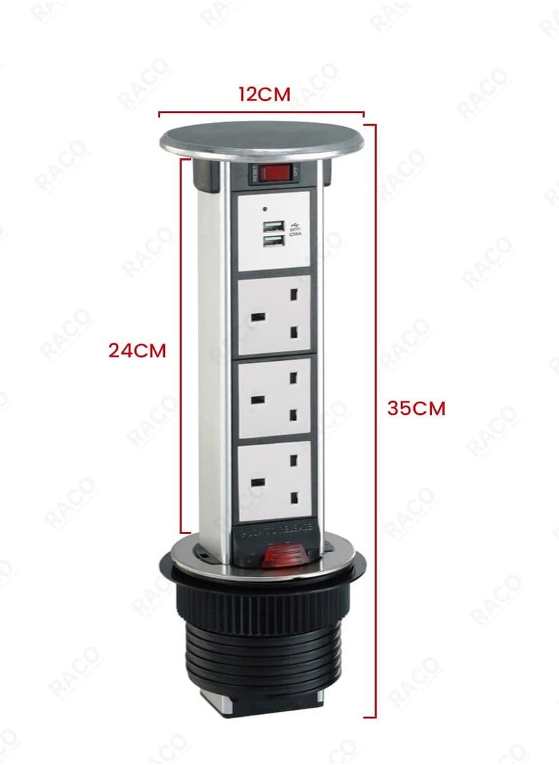 RACO - RACO Vertical Pop-Up Socket Box for Under Counter Use – 1 x 13A UK Socket + Dual USB Charger Ports, 2-Meter Wire with Overload Protection – Ideal for Home, Office, Kitchen & Worktops (3 x Socket) - Image 1