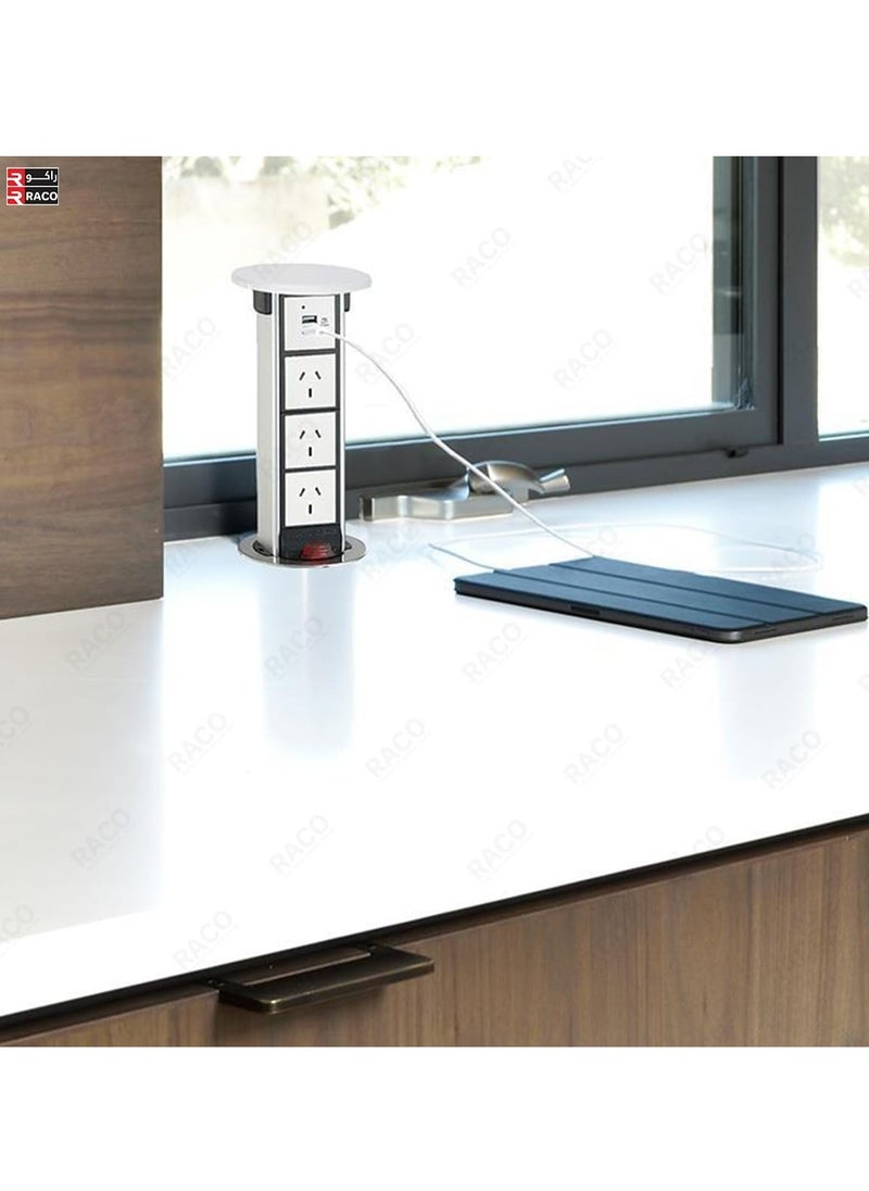 RACO - RACO Vertical Pop-Up Socket Box for Under Counter Use – 1 x 13A UK Socket + Dual USB Charger Ports, 2-Meter Wire with Overload Protection – Ideal for Home, Office, Kitchen & Worktops (3 x Socket) - Image 1
