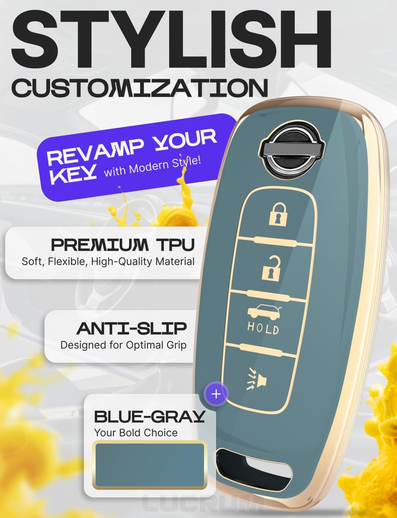 Lucrum Compatible with Nissan Key Fob Cover & Leather Keychain, 4 Buttons Keyfob Case for Pathfinder Rogue Sentra Versa Patrol Armada (2023-2025) - Blue and Gold - Image 3