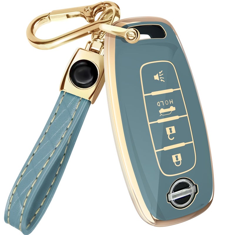 Lucrum Compatible with Nissan Key Fob Cover & Leather Keychain, 4 Buttons Keyfob Case for Pathfinder Rogue Sentra Versa Patrol Armada (2023-2025) - Blue and Gold - Image 1