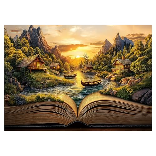 BBOLDIN Fantasy Book Sunset Puzzle 1000 Pieces for Adults Magic Forest Mountain Landscape Jigsaw Puzzles Cabin Vintage Nature Scenery Puzzles - Image 1