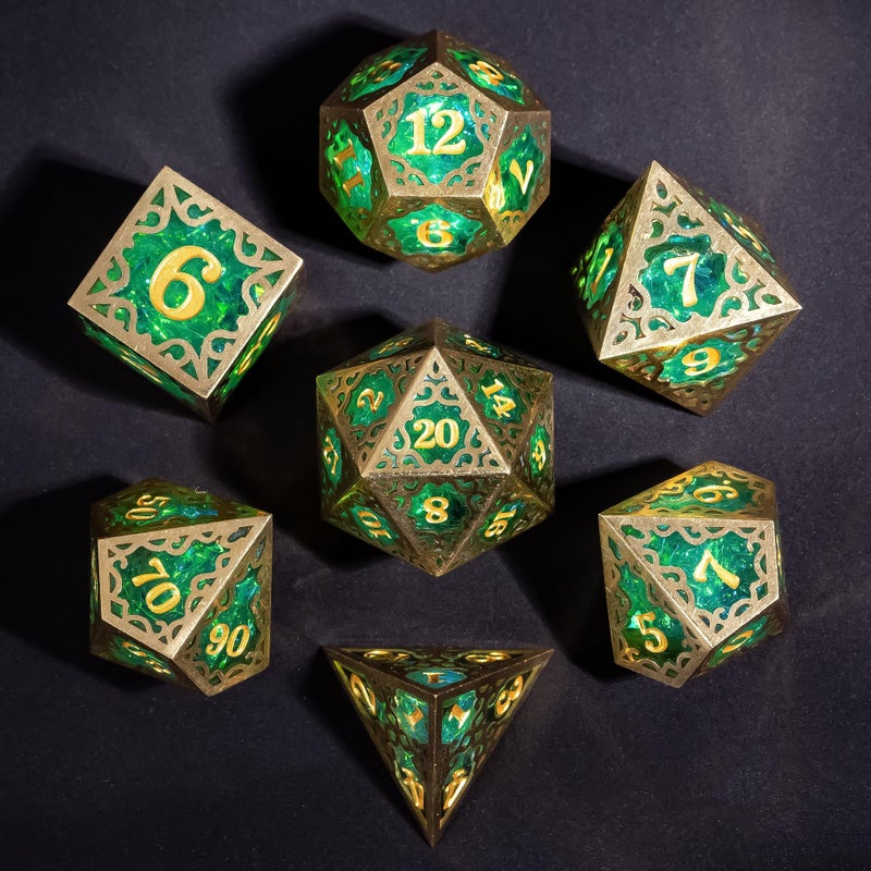 Cusdie 7Piece Metal Frame Sharp Edges DND Dice Set with Metal Frame Perfect for Tabletop RPGs Board Games Gifting and CollectingGreen - Image 3