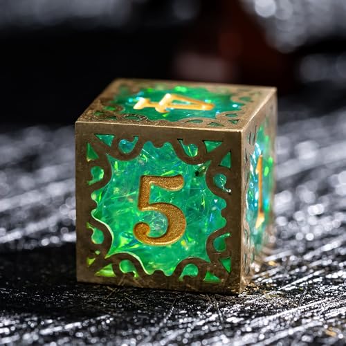 Cusdie 7Piece Metal Frame Sharp Edges DND Dice Set with Metal Frame Perfect for Tabletop RPGs Board Games Gifting and CollectingGreen - Image 5