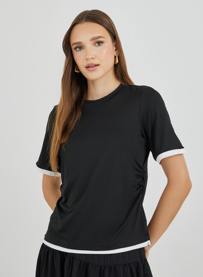Take Two Contrast Trim Side Ruched Detail T-Shirt - Image 1
