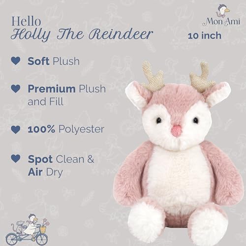 MON AMI Holly The Reindeer Stuffed Animal 10Inch Red Nosed Plush Pink Reindeer Soft Huggable Holiday Toy Playtime Nursery Room Decor for All Ages - Image 5