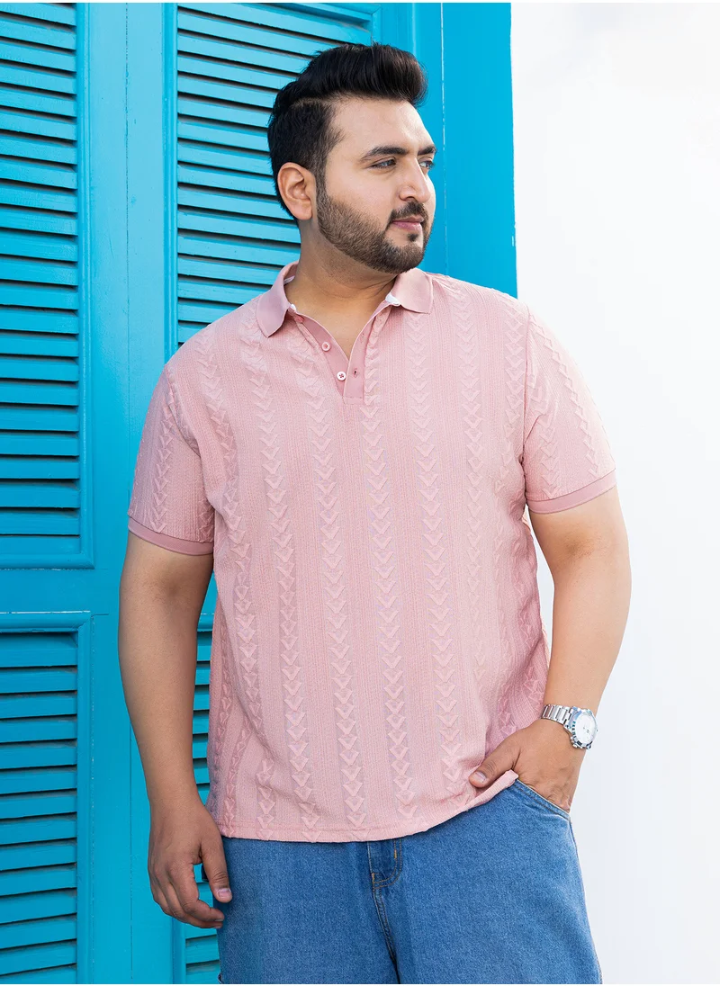 Instafab Plus Instafab Plus Men's Blush Pink Arc-Tactile Polo T-Shirt For Casual Wear | Polo Neck | Short Regular Sleeves | Half-Button Closure | Plus Size T-Shirt Crafted With Comfort Fit For Everyday Wear