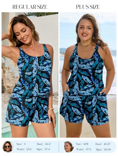 Arolina Swim Romper Swimsuits for Women Plus Size One Piece Modest Bathing Suit with Pockets Swimwear Blue Leaves - Image 2