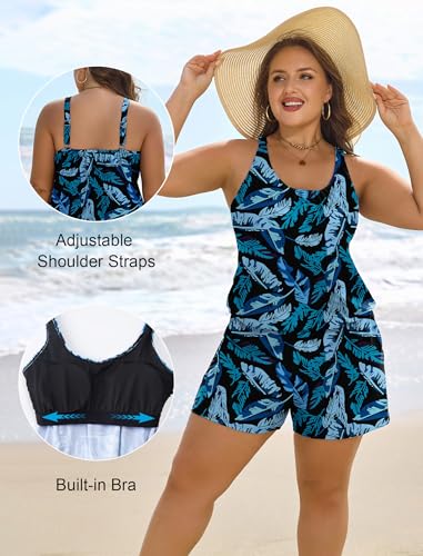 Arolina Swim Romper Swimsuits for Women Plus Size One Piece Modest Bathing Suit with Pockets Swimwear Blue Leaves - Image 3