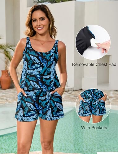 Arolina Swim Romper Swimsuits for Women Plus Size One Piece Modest Bathing Suit with Pockets Swimwear Blue Leaves - Image 4