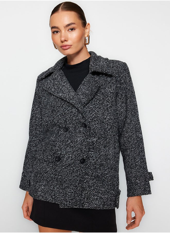 trendyol Black Oversize, Wide-Cut Marked Stamped Stamp Coat TWOAW24KB00176  - Image 4