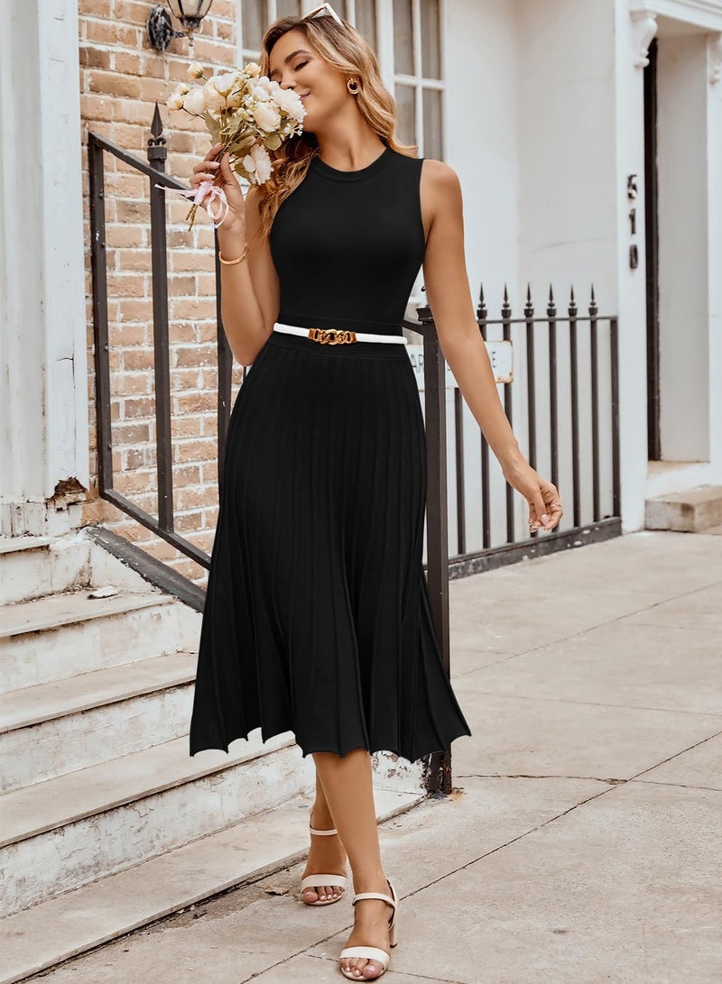 Pink Queen Women's Summer Crew Neck Sleveless Party Cocktail Swing Bodycon Ribbed Knit Midi Long Dress Black S - Image 4