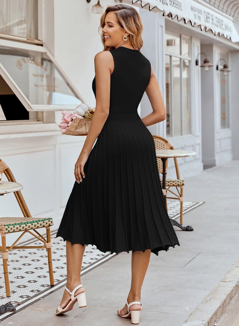 Pink Queen Women's Summer Crew Neck Sleveless Party Cocktail Swing Bodycon Ribbed Knit Midi Long Dress Black S - Image 5
