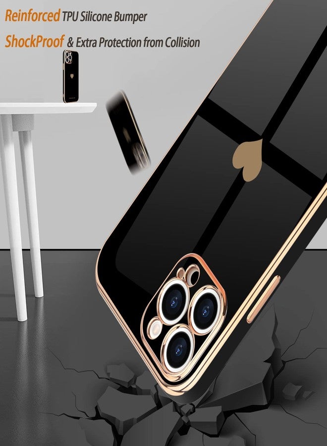 Teageo جراب Teageo لهاتف iPhone 15 Pro Max مع واقيين للشاشة بنمط قلب، للنساء والفتيات، مطلي بطبقة لامعة فاخرة، مصنوع من مادة TPU الناعمة، مقاوم للخدوش والصدمات، جراب هاتف أسود اللون. - Image 5