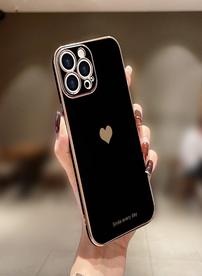 Teageo جراب Teageo لهاتف iPhone 15 Pro Max مع واقيين للشاشة بنمط قلب، للنساء والفتيات، مطلي بطبقة لامعة فاخرة، مصنوع من مادة TPU الناعمة، مقاوم للخدوش والصدمات، جراب هاتف أسود اللون. - Image 2