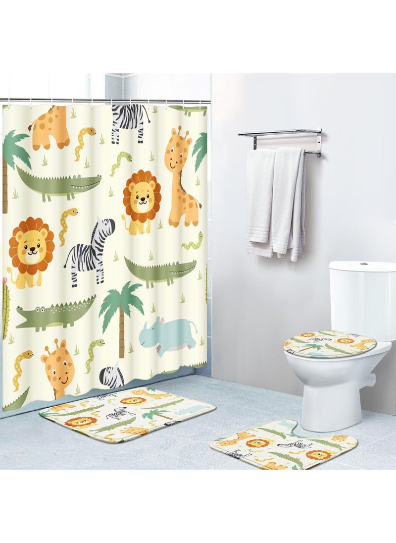Britimes Britimes 4 Piece Shower Curtain Sets Safari Kids Animals Cute with NonSlip Rugs Toilet Lid Cover and Bath Mat for Bathroom Decor Set 72 x 72 