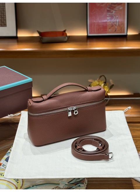 LP19 Genuine Leather Gigi Bag Lunchbox Style Womens Handbag Red bean color lychee pattern first layer cowhide