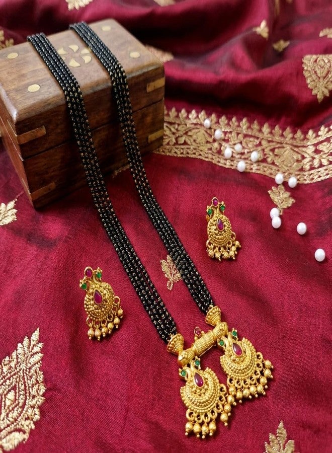 طقم مجوهرات زفاف نسائي من AAIKU، مطلي بالذهب، خرز أسود، سلسلة ذهبية وأقراط، عبوة من قطعة واحدة (Temple53-36INCH-4Line) - Image 4