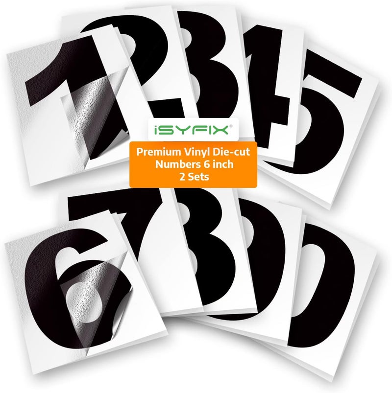 iSYFIX Black Vinyl Numbers Stickers – 6 Inch Self Adhesive (2 Sets)- Premium Decal Die Cut and Pre-Spaced for Mailbox, Signs, Window, Door, Cars, Trucks, Homes, Address Numbers, Indoor or Outdoor - Image 1
