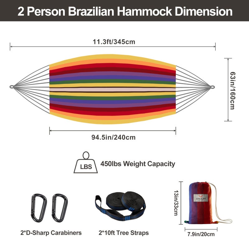CHULIM Brazilian Double Hammock with Tree Straps,Extra Large 240x160cm,2 Persons Hammock for Backyard Patio Outdoor and Indoor,450lbs Weight Capacity,Soft Woven Cotton Fabric - Image 3