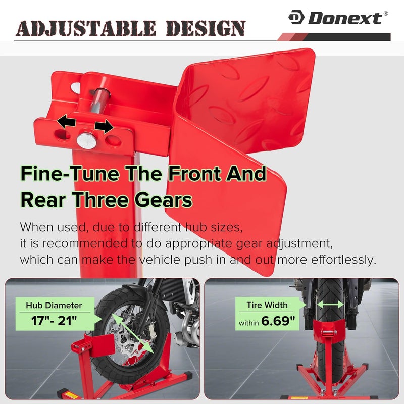Donext Motorcycle Front Tire Chock, Adjustable Motorcycle Wheel Chock, 1500 lbs Heavy Duty Wheel Stand for 17"- 21" Wheels, Motorbike Front Chock Trailer Stand(Red) - Image 5