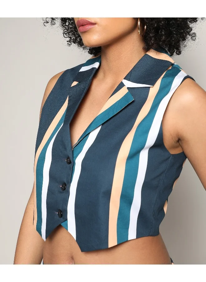 QISSA Women's Prussian Blue Striped Vest Co-Ord Set