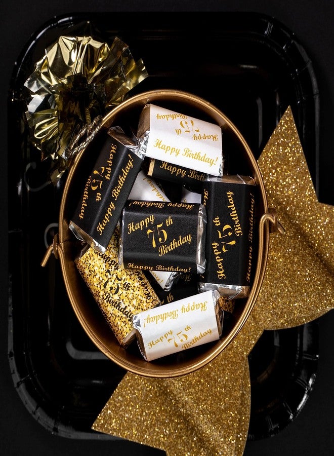 RokAPary 75th Birthday Miniatures Candy Bar Wrapper, (Set of 60) Mini Candy Bar Stickers; 3 Designs: 24 Gold, 24 Black, 12 White, Candy Not Included. Made in USA - Image 2