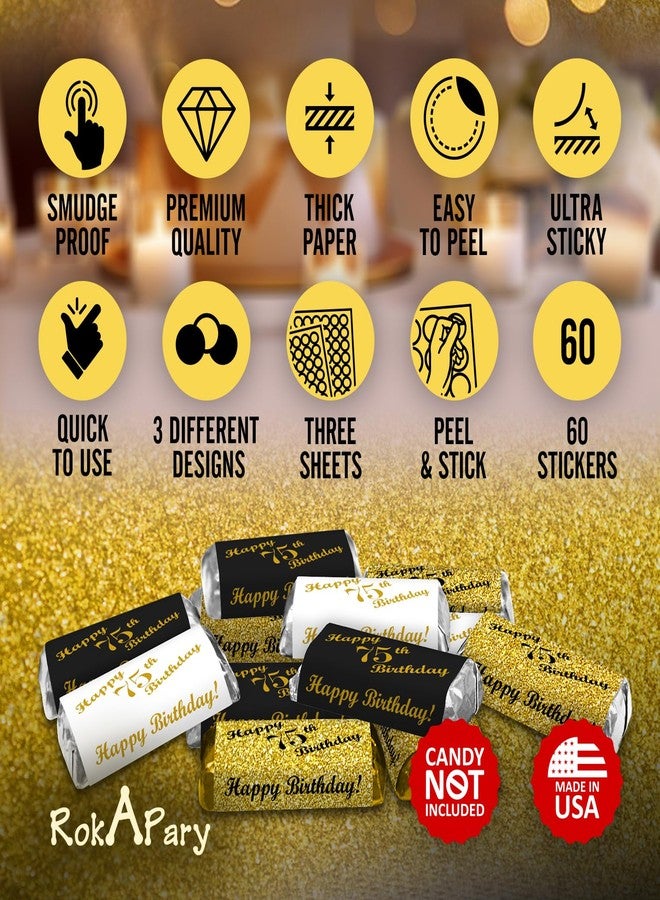 RokAPary 75th Birthday Miniatures Candy Bar Wrapper, (Set of 60) Mini Candy Bar Stickers; 3 Designs: 24 Gold, 24 Black, 12 White, Candy Not Included. Made in USA - Image 3