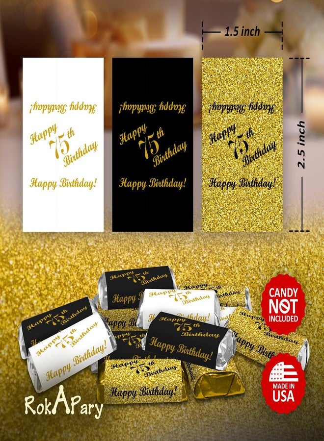 RokAPary 75th Birthday Miniatures Candy Bar Wrapper, (Set of 60) Mini Candy Bar Stickers; 3 Designs: 24 Gold, 24 Black, 12 White, Candy Not Included. Made in USA - Image 5