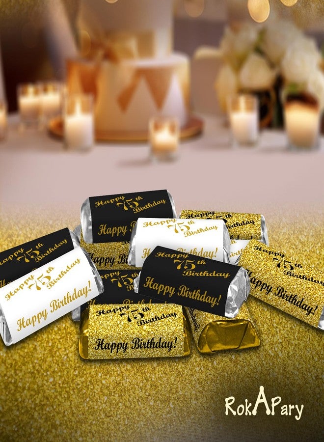 RokAPary 75th Birthday Miniatures Candy Bar Wrapper, (Set of 60) Mini Candy Bar Stickers; 3 Designs: 24 Gold, 24 Black, 12 White, Candy Not Included. Made in USA - Image 4