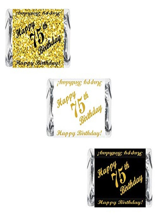 RokAPary 75th Birthday Miniatures Candy Bar Wrapper, (Set of 60) Mini Candy Bar Stickers; 3 Designs: 24 Gold, 24 Black, 12 White, Candy Not Included. Made in USA - Image 1