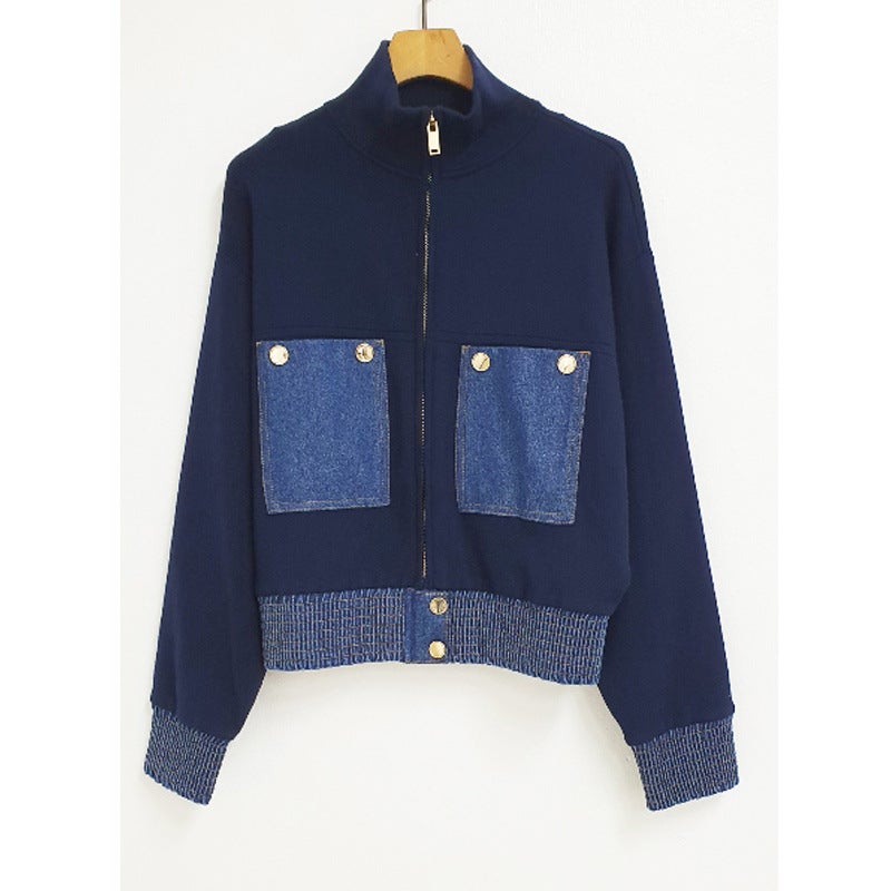 Foreign Trade Womens Retro Elegant South Korea Chic Zipper Short Jacket Rive Denim Stitching Knitted Baseball Suit Navy blue