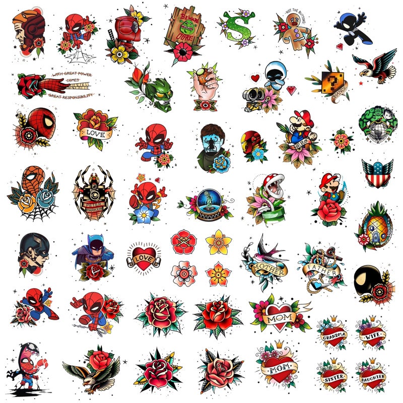 Roarhowl 53 tattoo sets,American retro tattoos,Superhero Temporary Tattoos for Kids and Adult,retro and innovative designs, beautiful small tattoos, temporary tattoos for adults and kids (53 Superhero) - Image 1