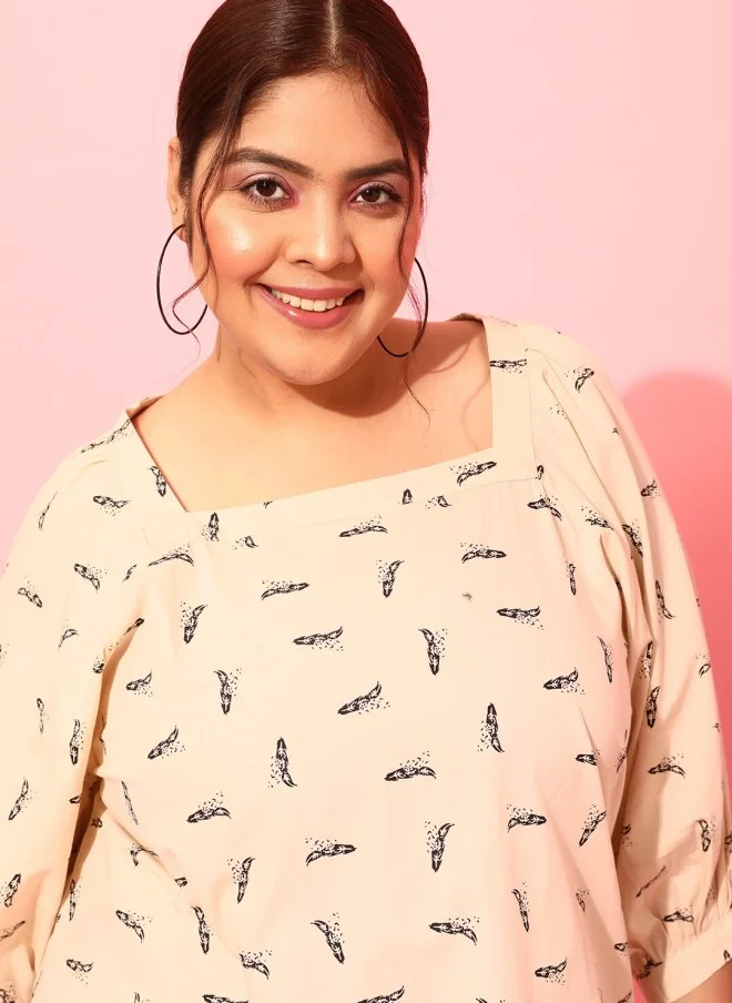 CURVY STREET Beige Floral Printed Crepe Top for Women