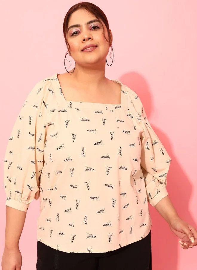CURVY STREET Beige Floral Printed Crepe Top for Women