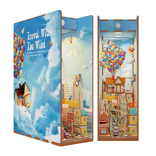 Tonecheer DIY Book Nook Kit for Adults3D Wooden Puzzle Bookend Bookshelf Insert Library Decor Booknook Miniature House Kit with Body Motion Sensor LED Light Travel with The Wind - Image 1