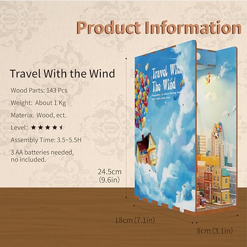 Tonecheer DIY Book Nook Kit for Adults3D Wooden Puzzle Bookend Bookshelf Insert Library Decor Booknook Miniature House Kit with Body Motion Sensor LED Light Travel with The Wind - Image 5