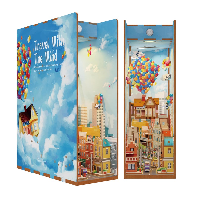 Tonecheer DIY Book Nook Kit for Adults3D Wooden Puzzle Bookend Bookshelf Insert Library Decor Booknook Miniature House Kit with Body Motion Sensor LED Light Travel with The Wind - Image 3