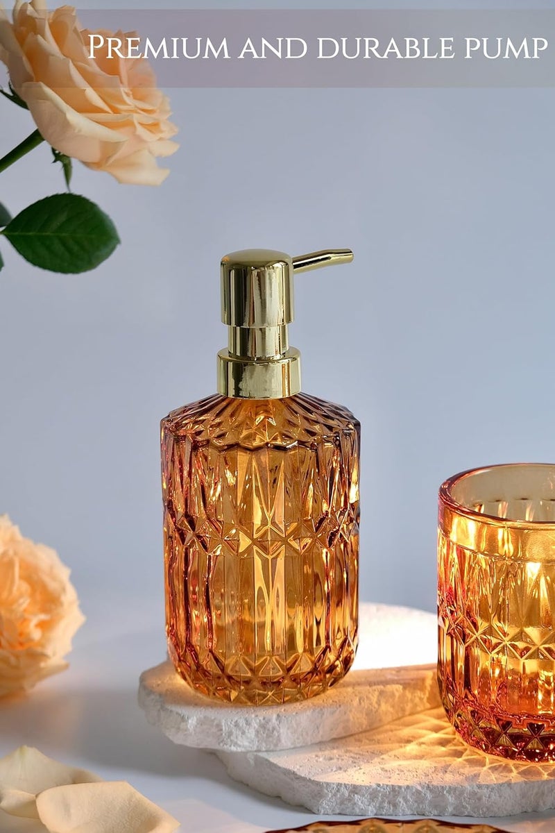 LaMarriti طقم إكسسوارات الحمام البني من ، 5 قطع من إكسسوارات الحمام الزجاجية العنبرية، ديكور الحمام الكلاسيكي، موزع صابون اليد، طبق صابون، طقم حامل فرشاة أسنان، كوب، برطمانات أعواد قطن، طقم هدايا - Image 2