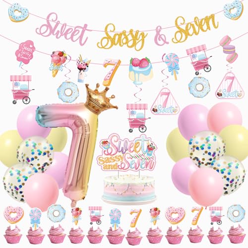JUYRLE Sweet Sassy And Seven Birthday Decorations 7th Birthday Decorations For Girls With Donut Banner Sweet Cake Topper 7th Foil Balloon For 7th Donut Themed Party Decor Sweet Seven Party Supplies - Image 1
