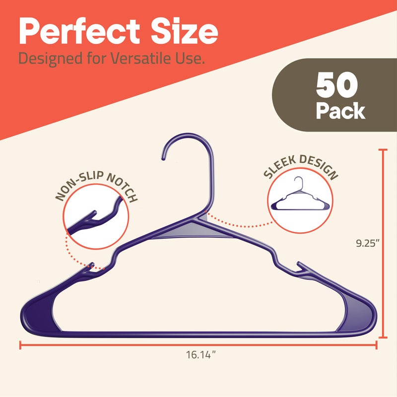 Campior Purple Plastic Hangers 50 Packâ€“ Heavy-Duty Plastic Hangers Slim and Space-Saving, Durable and Lightweight with Non-Slip Shoulder Notches for Slip Dresses, Suits, Jackets & Camisoles - Image 2