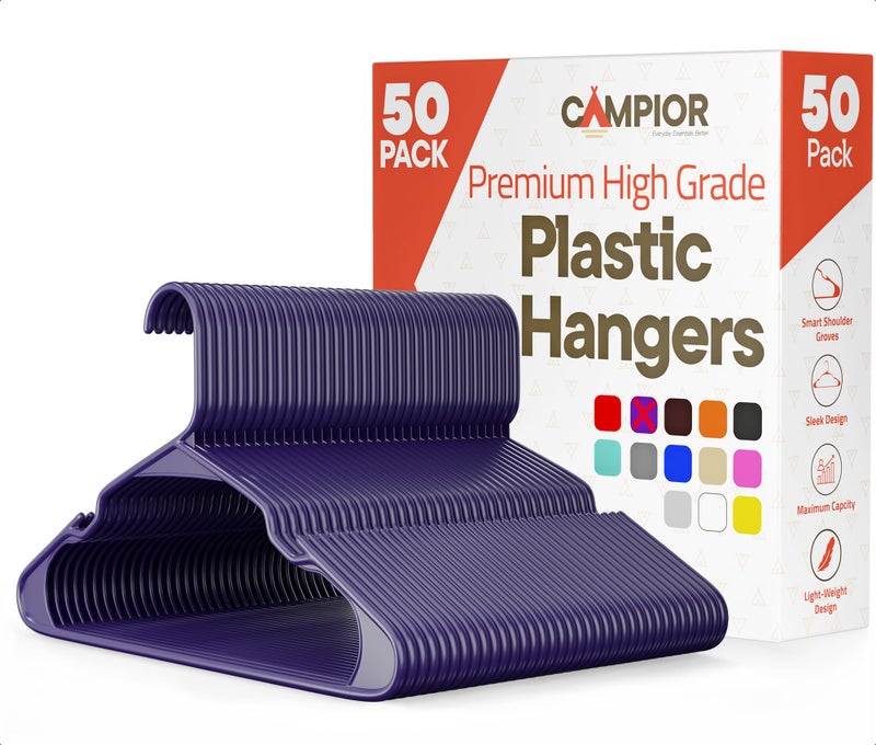 Campior Purple Plastic Hangers 50 Packâ€“ Heavy-Duty Plastic Hangers Slim and Space-Saving, Durable and Lightweight with Non-Slip Shoulder Notches for Slip Dresses, Suits, Jackets & Camisoles - Image 1