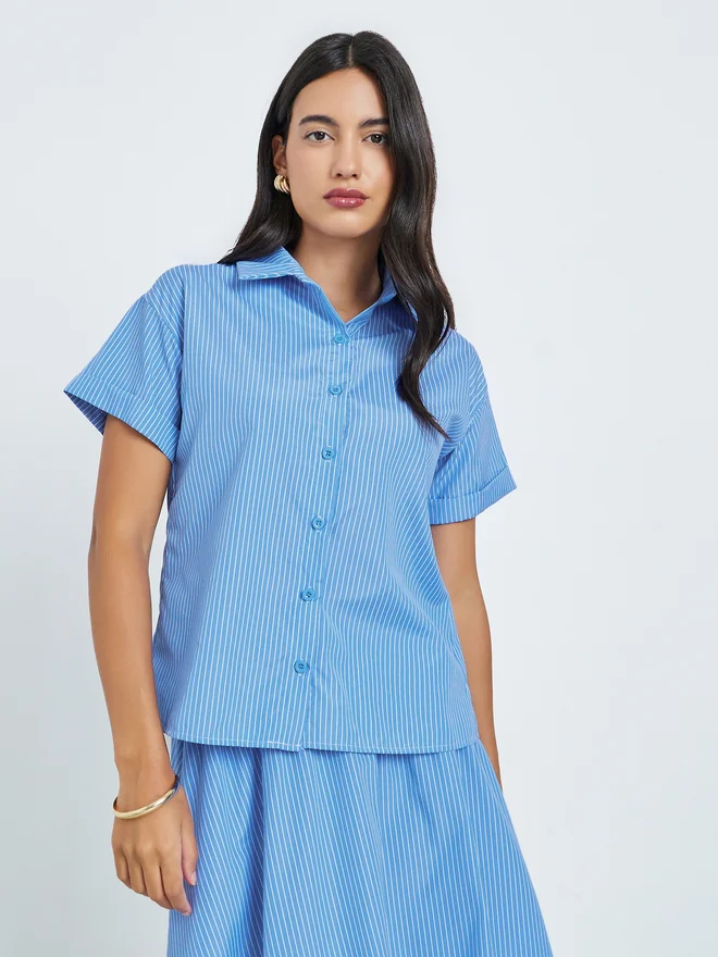 Styli  Styli Blue Striped Shirt and Midi Skirt Co-ords  | Best Price UAE