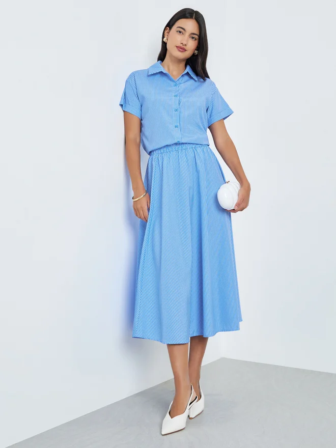 Styli Blue Striped Shirt and Midi Skirt Co-ords