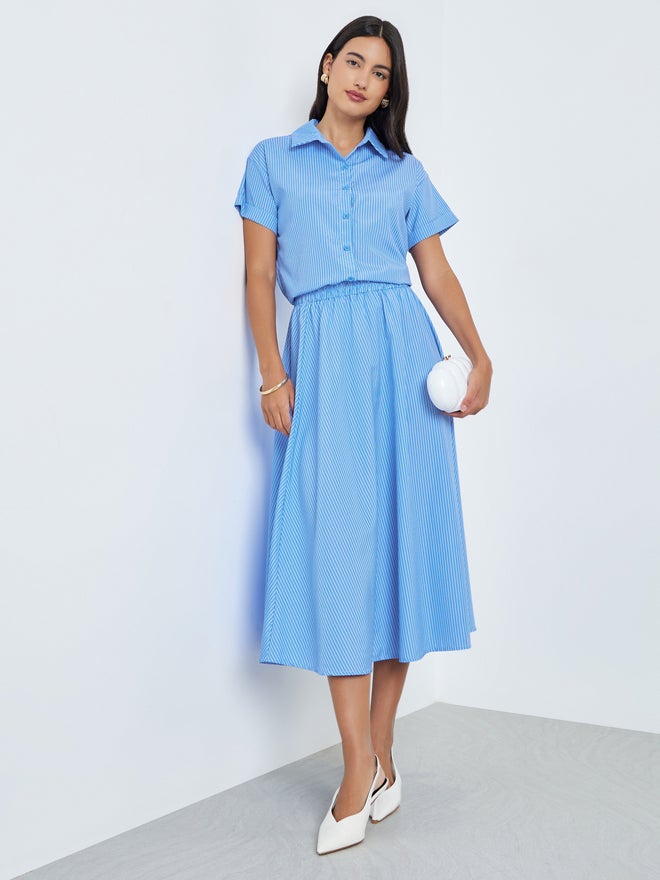 Styli Blue Striped Shirt and Midi Skirt Co-ords - Image 1