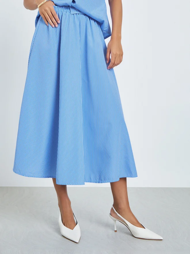 Styli  Styli Blue Striped Shirt and Midi Skirt Co-ords  | Best Price UAE