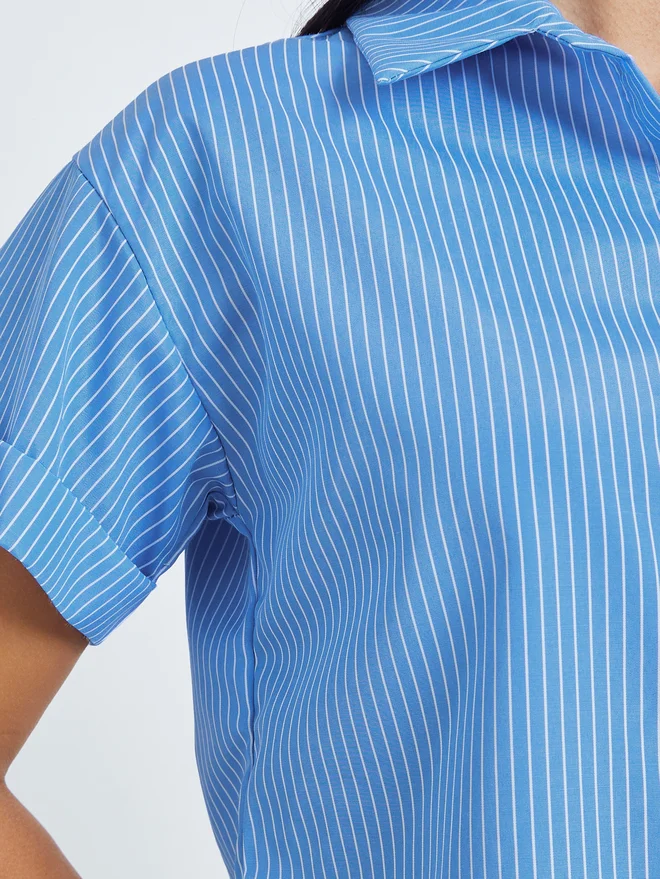 Styli  Styli Blue Striped Shirt and Midi Skirt Co-ords  | Best Price UAE